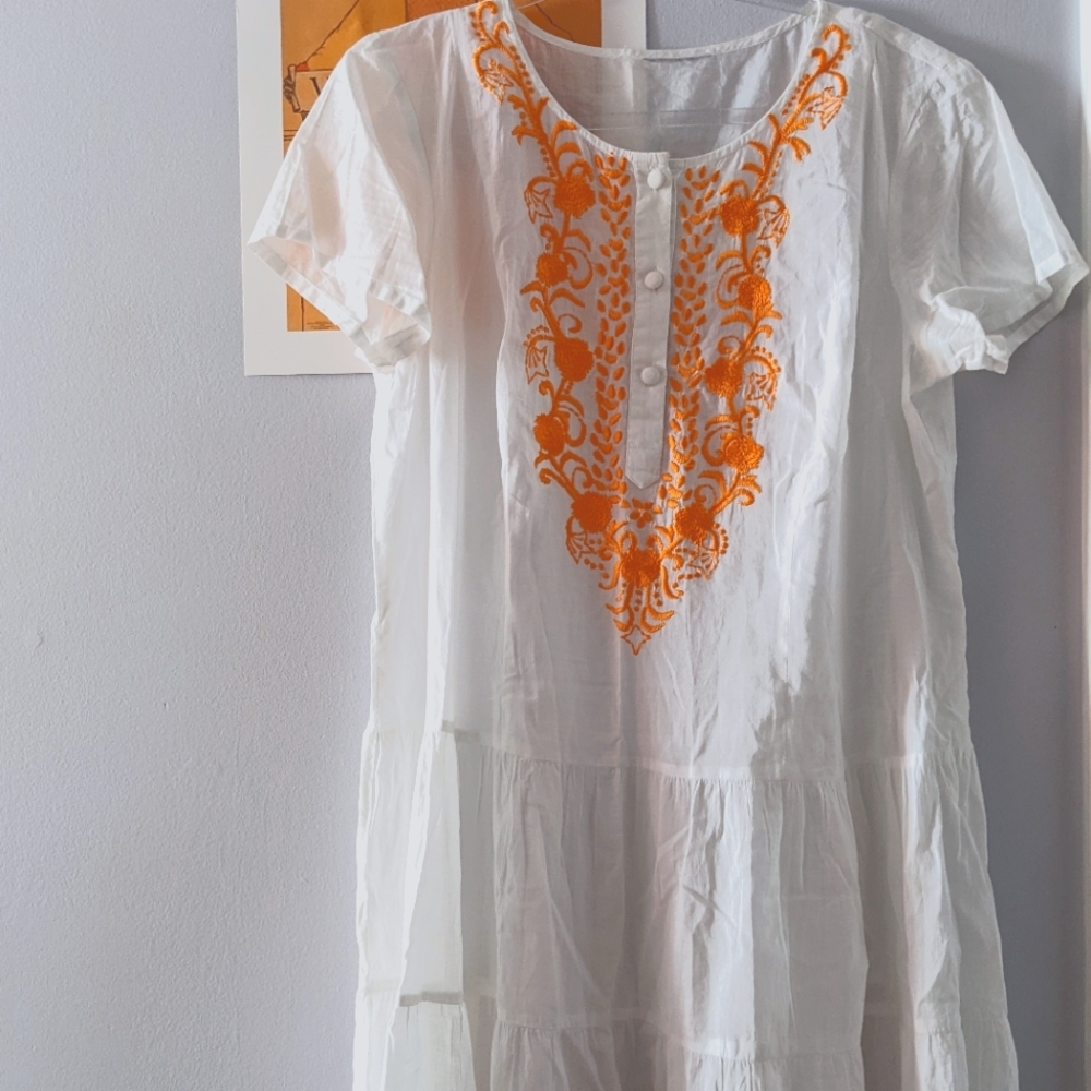 Embroidered Drop Waist Orange and White Cottagecore Dress